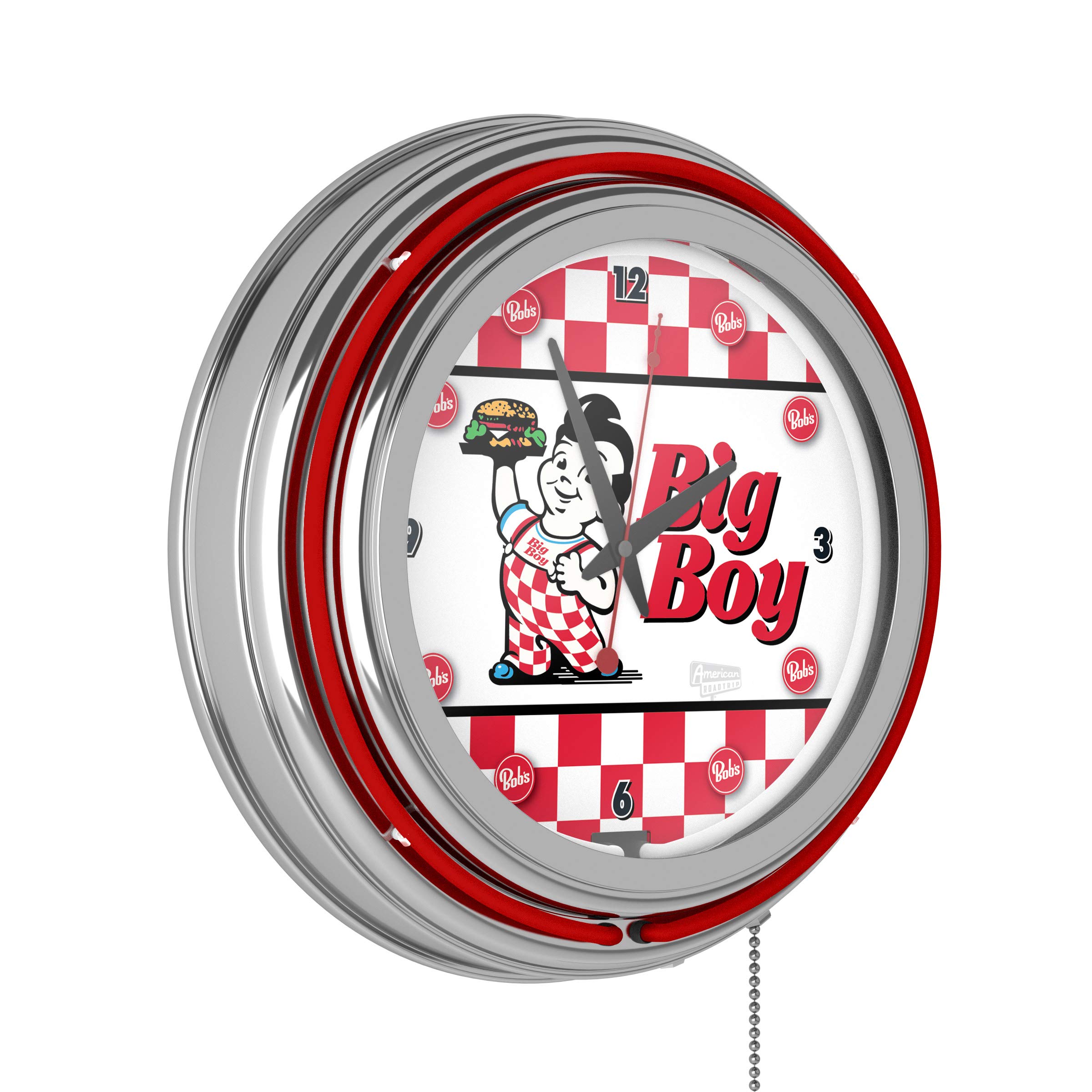 Bob's Big Boy ヴィンテージ 置時計 Bob's Big Boy Checkered Chrome Double Ring Neon Clock Trademar